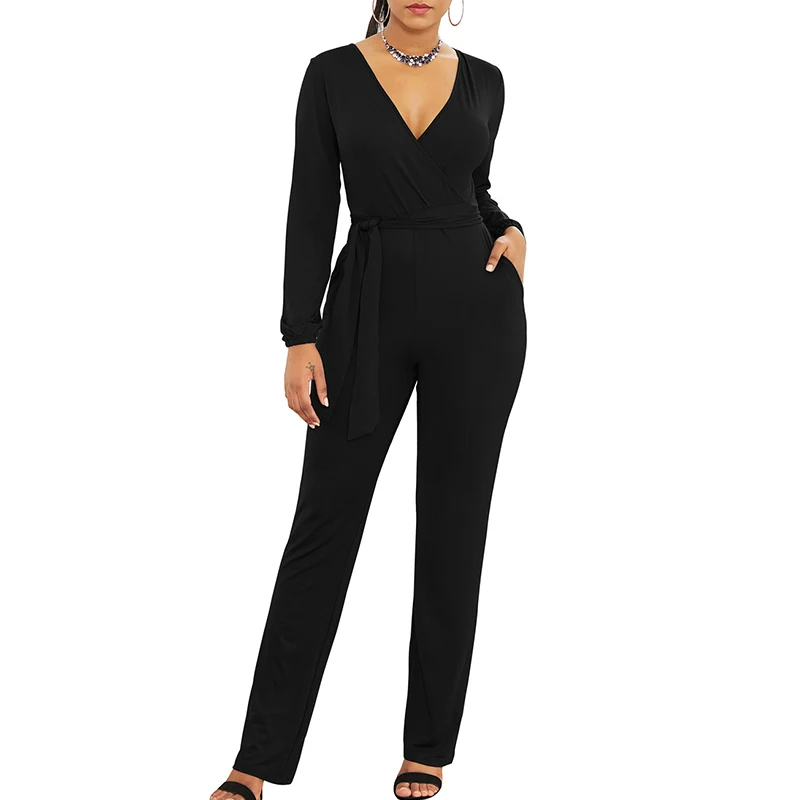 

Women V Neck Long Sleeve Bodysuit Black Casual Comfortable Fit Jumpsuit Blue Ladies Solid Color Bandage Office Lady Playsuits