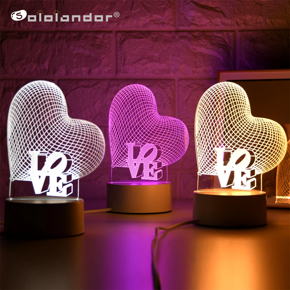 

Single Heart 3D Lamp Creative 3 Colors Night Lights Novelty Illusion Night Lamp Illusion Table Lamp For Home Decorative Light
