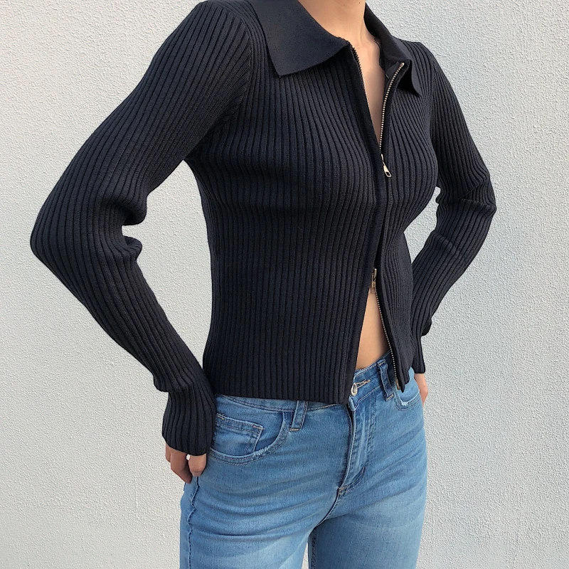 

Women's retro street double zipper collar short section high waist slim long-sleeved cardigan bottoming sweater blouse