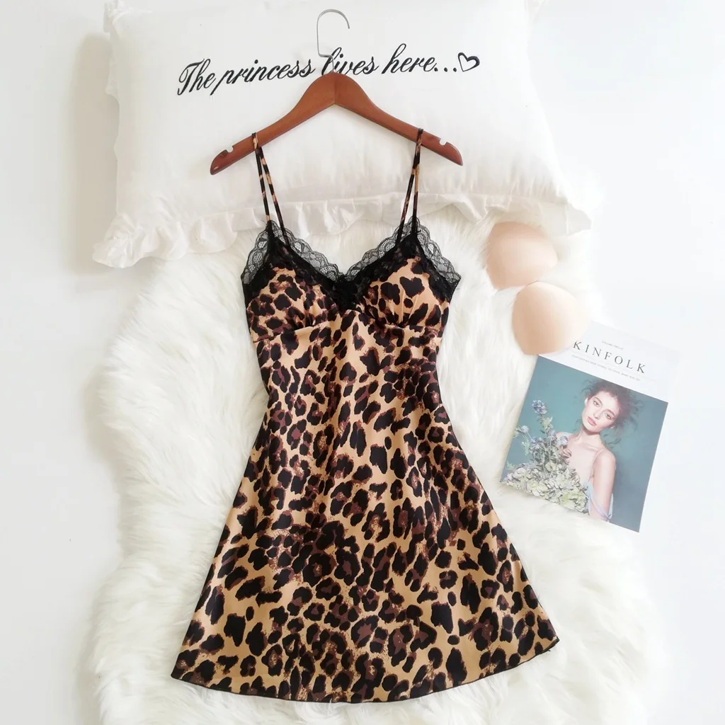

Sexy Lace Ice Short Skirt Summer New Leopard Pattern Pajamas Imitation Silk Suspender Bra Spring Nightgown