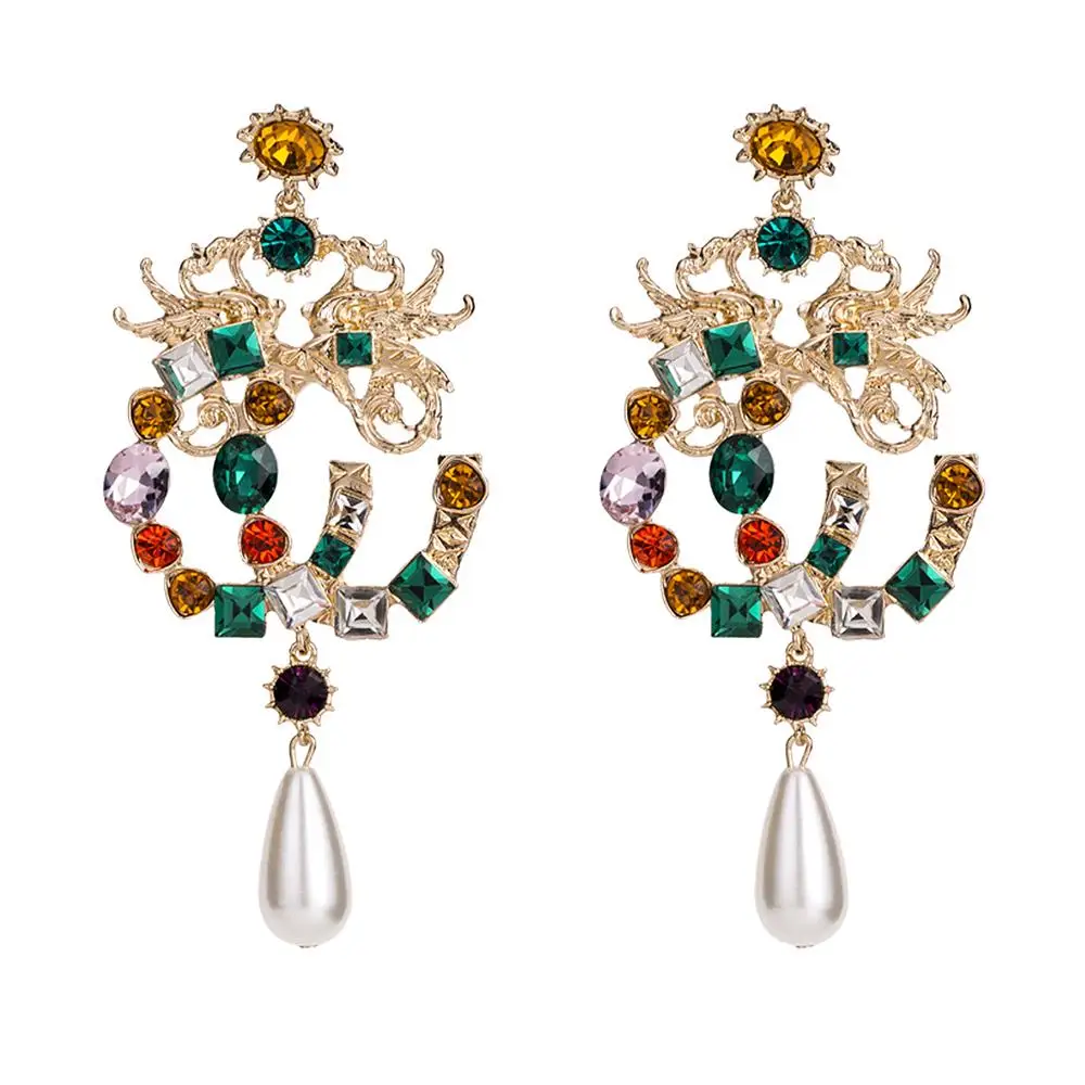 Висячие серьги с изображением дракона и феникса для женщин капли со стразами