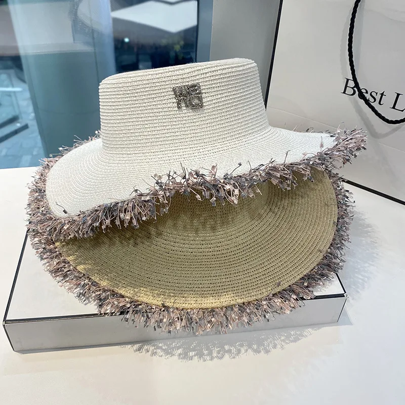 

Шляпа женская Соломенная с плоским верхом, элегантная пляжная Панама с широкими полями, летняя, 2021