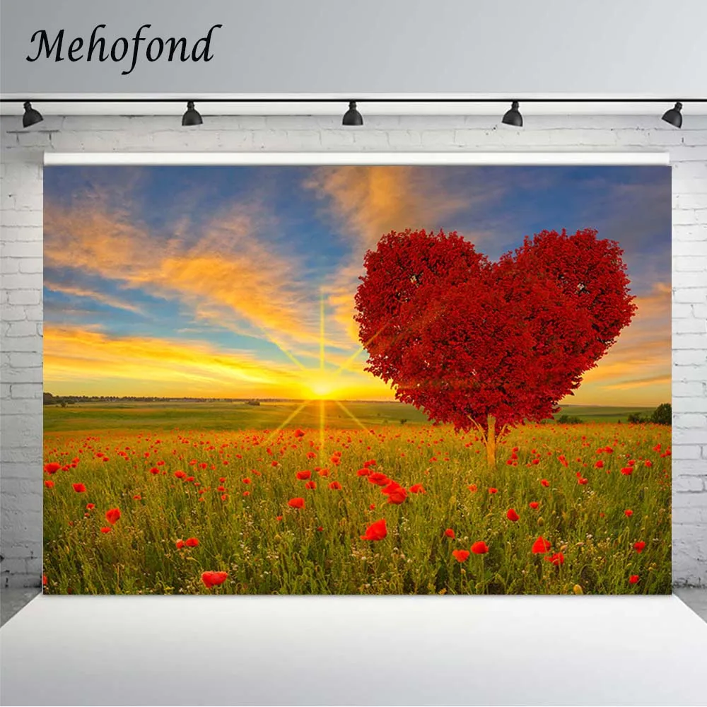 Фон Mehofond для фотосъемки с изображением Красного цветка поля любви сердца дерева