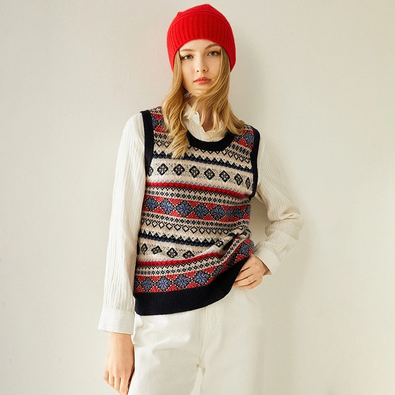 

Print Women Loose Vest 100% Goat Cashmere Knitting Oneck Pullovers Female Fit to sensitive skin Pashmina Sleeveless Sweaters