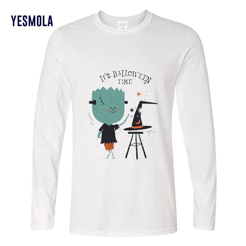 

YESMOLA Custom Tshirt It's Halloween Time Autumn Long Sleeve Men's Shirt 100% Cotton Thanksgiving Shirt T-shirts