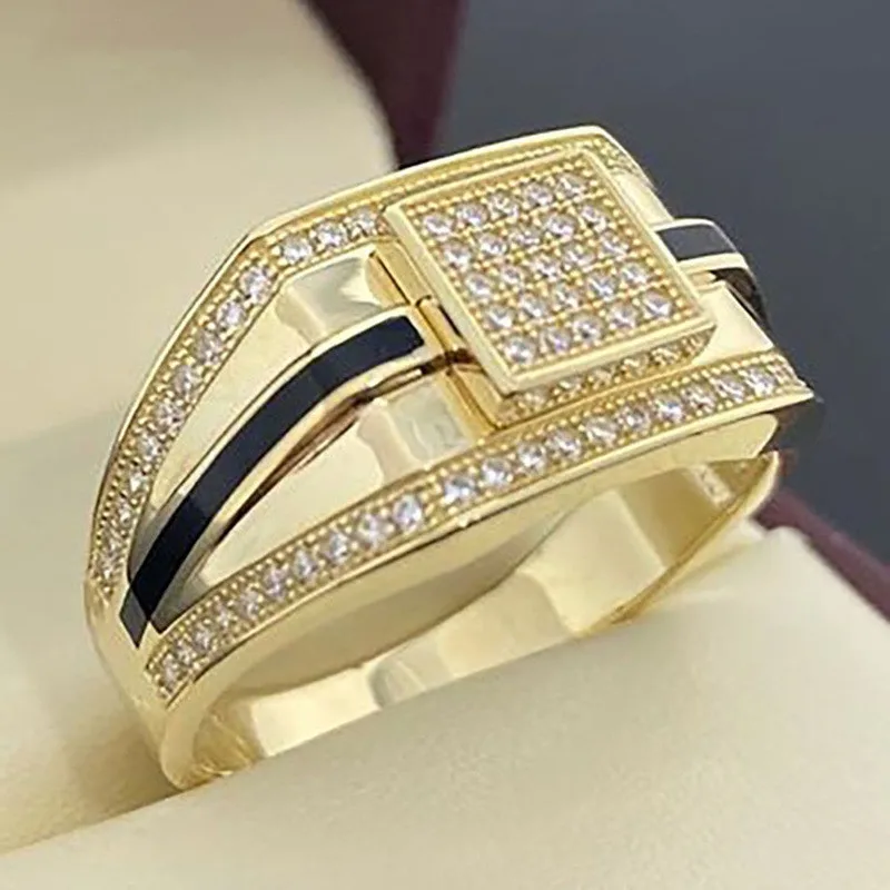 

FDLK New Fashion Punk Gold Color Stitching Black Stripes Inlaid Zircon Ring Men Party Engagement Wedding Jewelry Gift