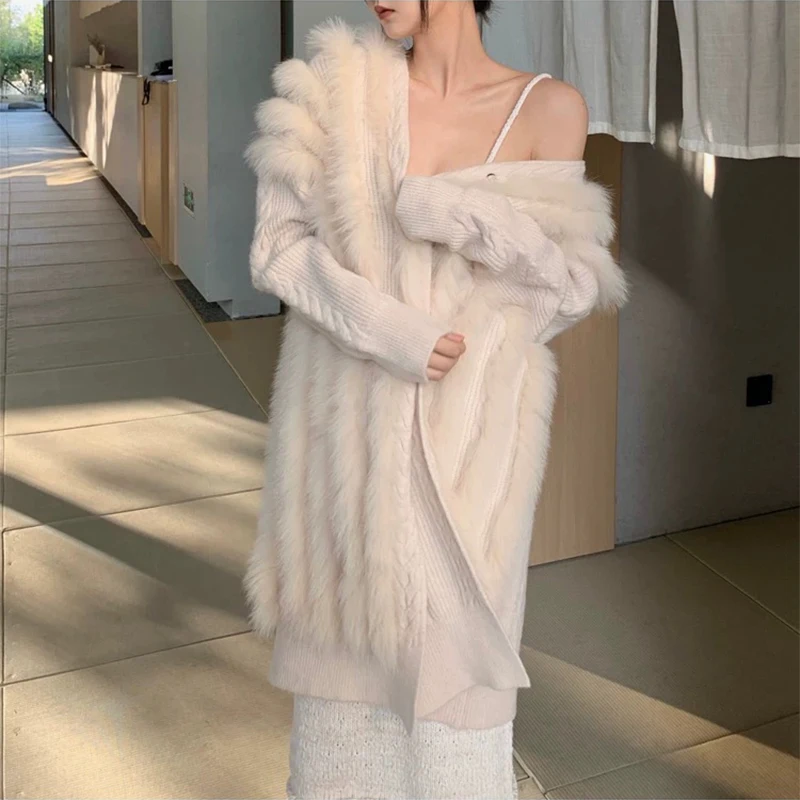 Women Real Fox Fur Knitting OverSize Loose Spring Fox Fur Strip Sewed Together Outside Decoration Lady's Fashion Sweater Coat