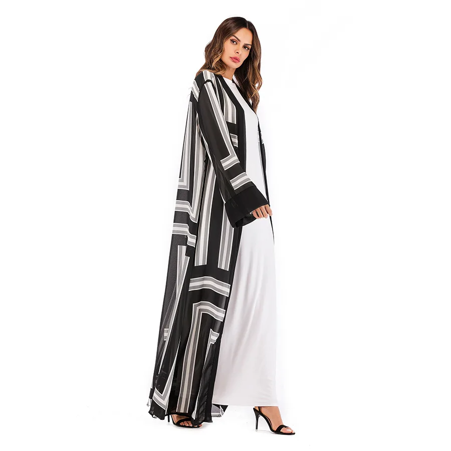 

Donsignet Muslim Dress Muslim Fashion Middle East Eid Duabi Abaya Turkey Robe Striped Loose Lace-up Cardigan Robe Women Dresses