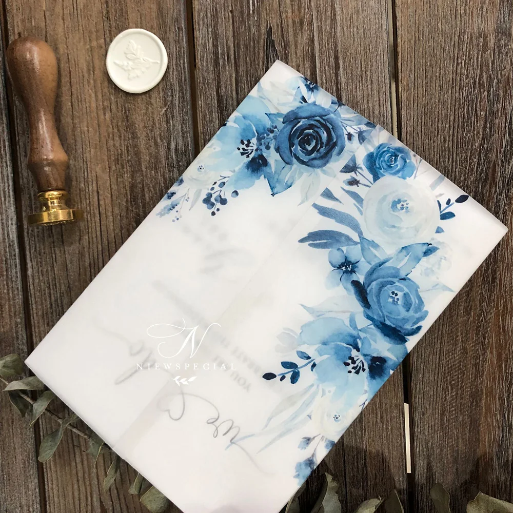 Синий акварельный цветочный бархат Свадебное приглашение с конвертом 50 шт. | Дом