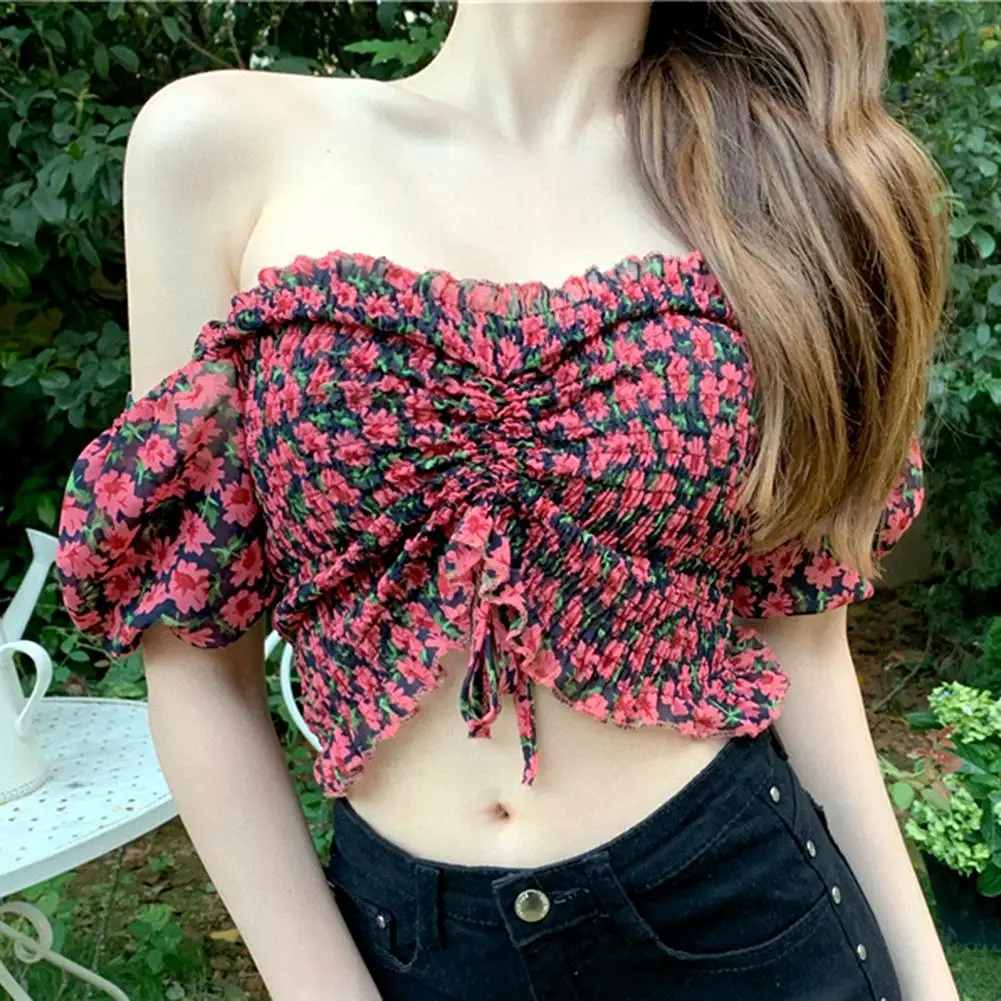 

Floral Printed Women Summer Sexy Short Sleeve Chiffon Slim Fites Crop Top Blouse