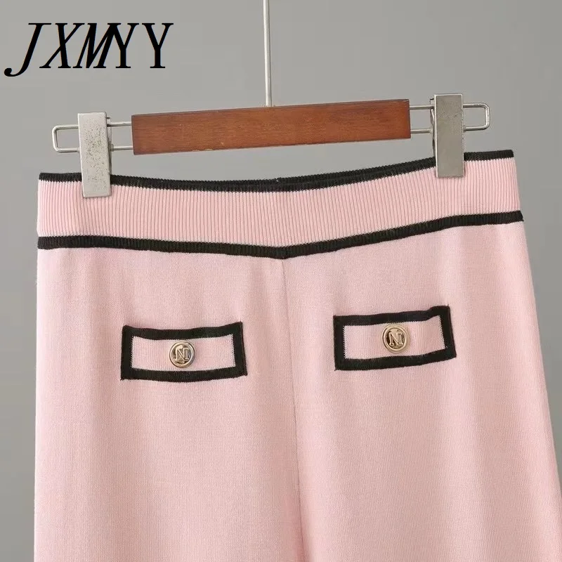 

JXMYY Early Autumn Long-Sleeve Knit Suit Lace-Up Waist Mid-Length V-Neck Cardigan + Wide-Leg Pants Two-Piece Female