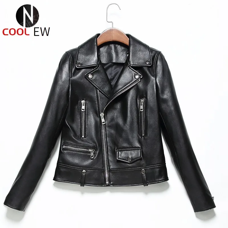 

New Women Sheepskin Genuine Leather Jackets Autumn Winter Black Motorcycle Biker Jacket Ladies Real Leather Coats Chaqueta Mujer