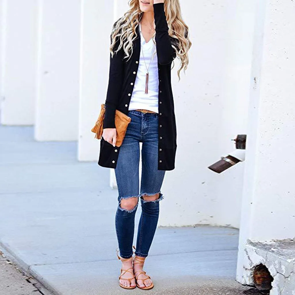 Женский однотонный кардиган на пуговицах с длинным рукавом Свободный вязаный