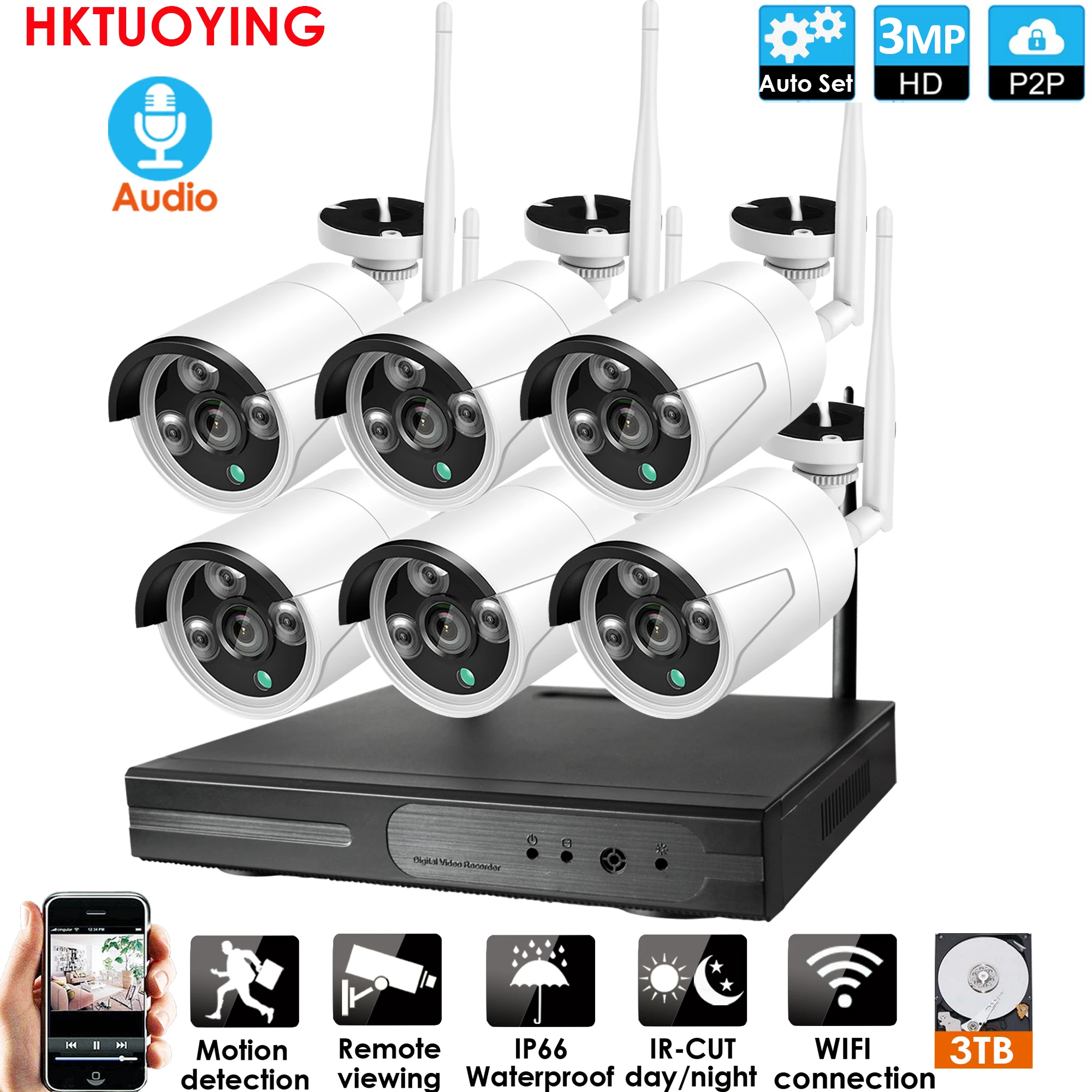 Беспроводная система видеонаблюдения 6 каналов 3 0 Мп HD NVR P2P комнатная и уличная ИК