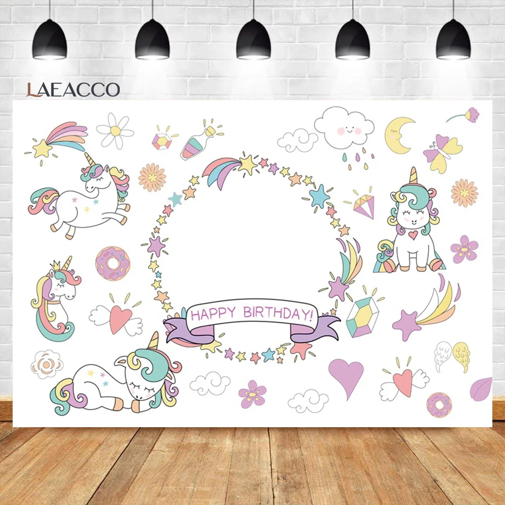 

Laeacco Happy Birthday Background Cartoon Unicorn Diamond Cloud Moon Baby Shower Customized Poster Portrait Photography Backdrop