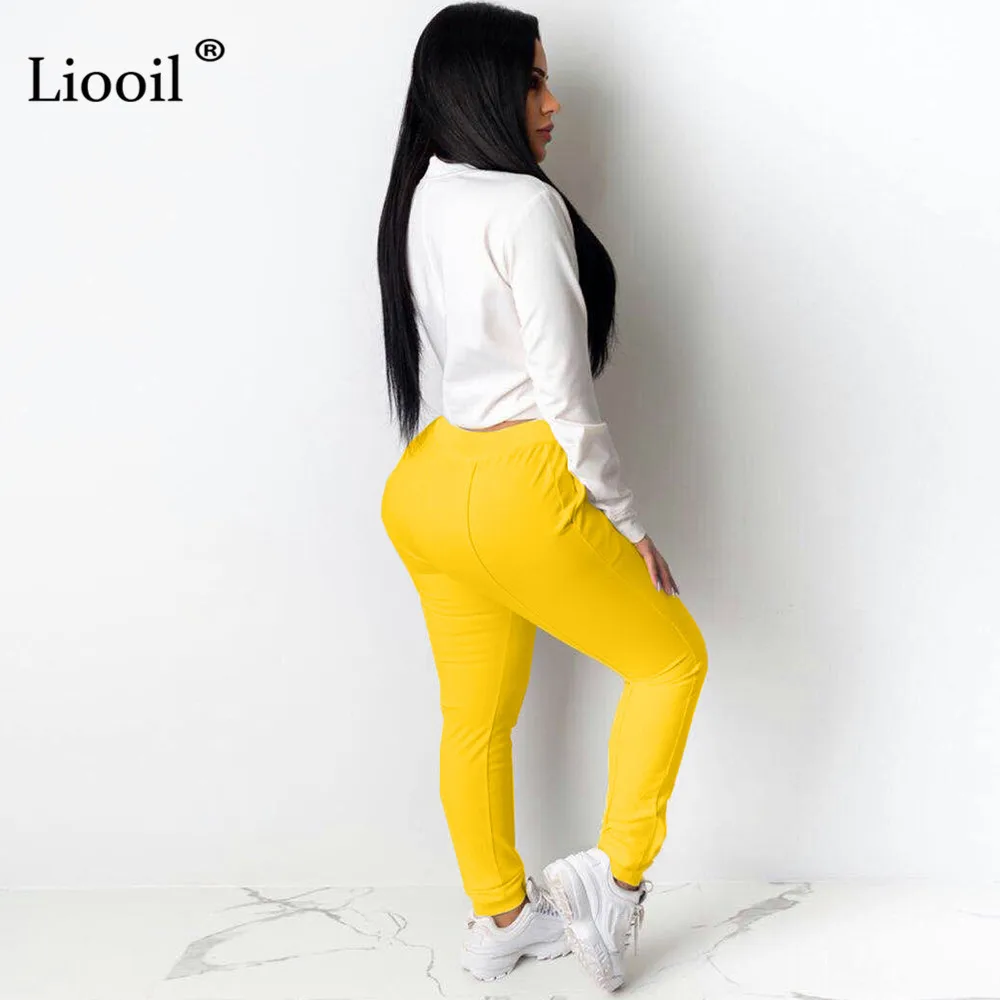 Liooil женский спортивный костюм с буквенным принтом, комплект из двух предметов, футболка с длинными рукавами и круглым вырезом, сексуальный белый топ, спортивные штаны с карманами
