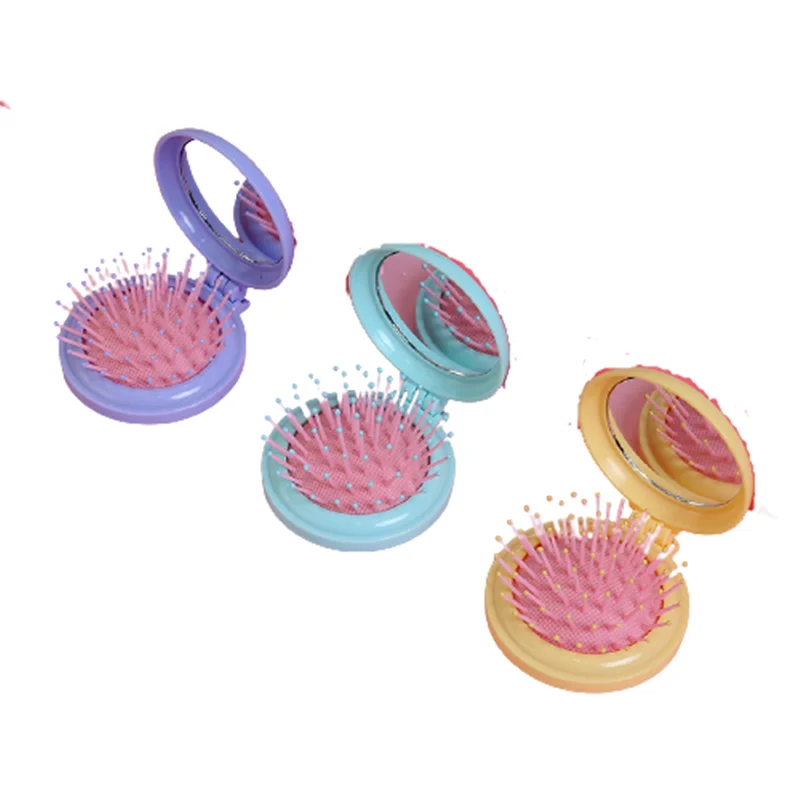 

Cute Cartoon Plastic Portable Makeup Massage Hair Brush Comb with Girl Folding Round Mini Pocket Mirror Styling Tools