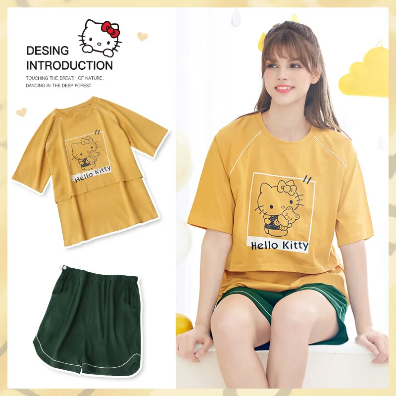 yellow set YATEMAO 2 шт./компл. hello kitty Материнство Уход одежда для сна Пижама для беременных короткий рукав пижамный комплект - Цвет: yellow set