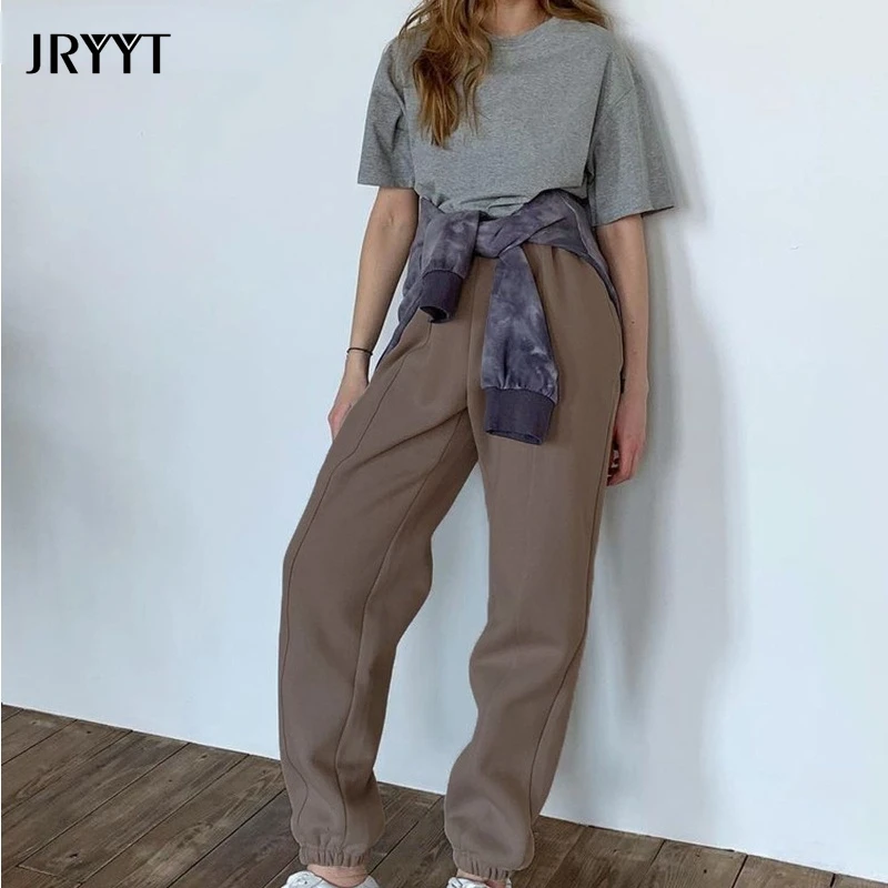 

Утепленные флисовые спортивные штаны JRYYT на шнуровке, женские зимние повседневные теплые брюки, женские свободные однотонные мягкие брюки ...