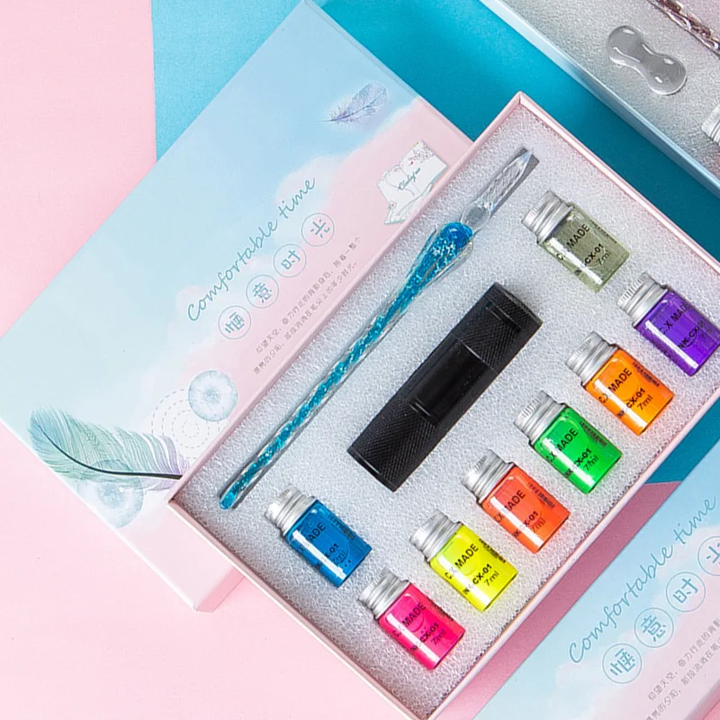 

10Pcs/Set Invisible Fluorescence Bottled Dip Signature Pen Color Ink With Glass Fountain Dip Calligraphy Kit Art Supplies Gifts