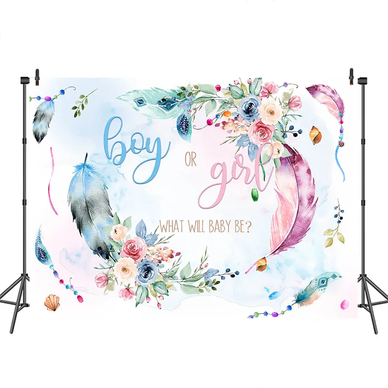 

Gender Reveal Photography Backdrop Boy or Girl Flowers Backdrops Newborn Blue and Pink Feather photo shoot background
