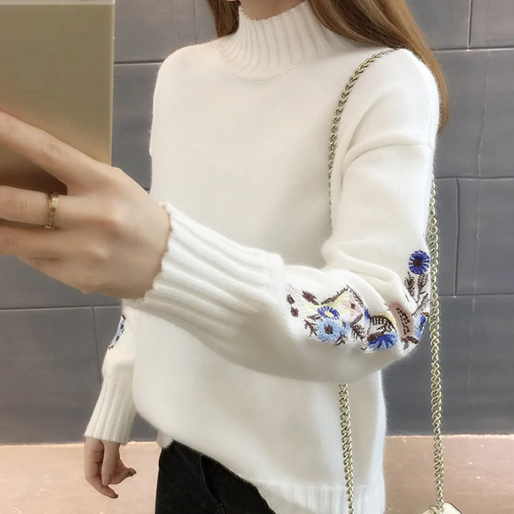 New Loose Thick Warm Winter Pullover Sweater Women Embroidery Jumper Half Turtleneck Long Sleeve Knit Yellow Sweater Female