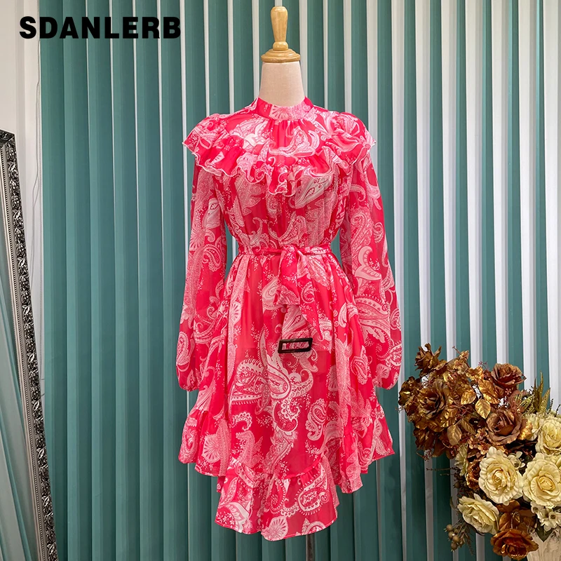 

2021 Summer New French Ruffled Dress Women's Temperament Long Sleeve Printed Chiffon Mid-length Dress Women Clothing