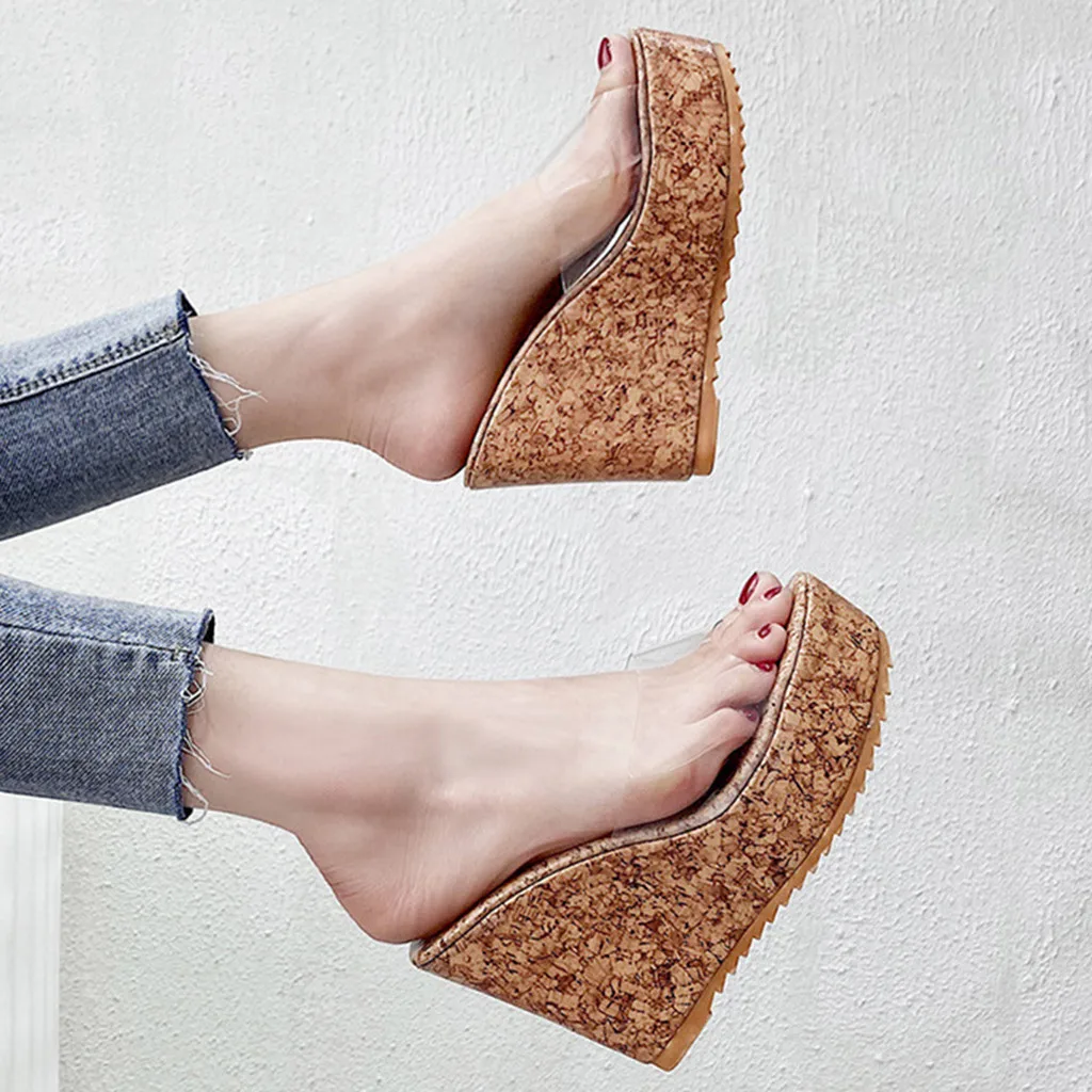 Fashion Transparent Wedges Waterproof Platform Women's Slippers High Heels Women Sandals Slip Ons Beach Casual Ladies Shoes 5.12 | Обувь