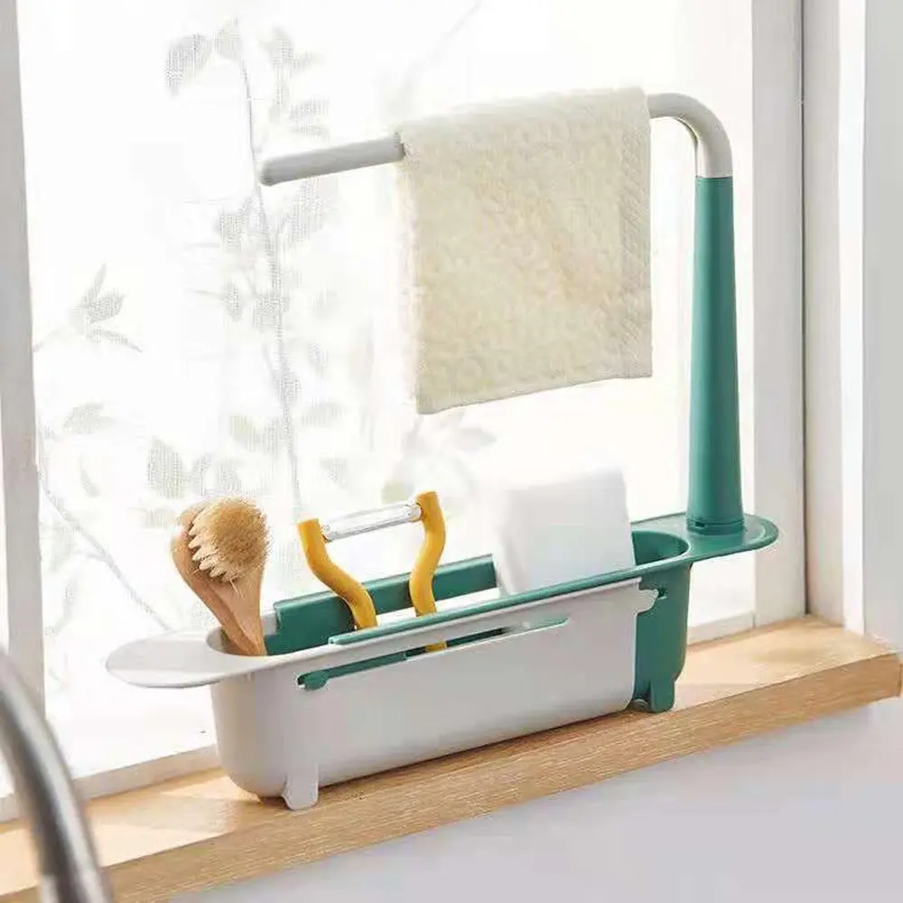 

Creative Telescopic Sink Shelf Soap Sponge Duster Cloth Holder Draining Rack Sink Storage Basket Kitchen Gadgets Organizer