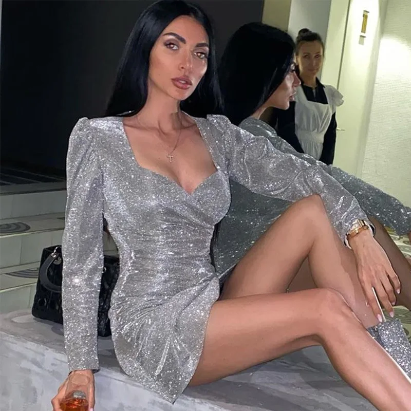 

Linglewei New Spring and Summer Women's Dress Long sleeves V-neck Originality Silver wire dress