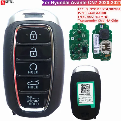 KEYECU для Hyundai Avante CN7 2020 2021 подлинный 95440-AA000 5 кнопочный OEM безключевой смарт-ключ 433 МГц с оригинальным чипом 6A