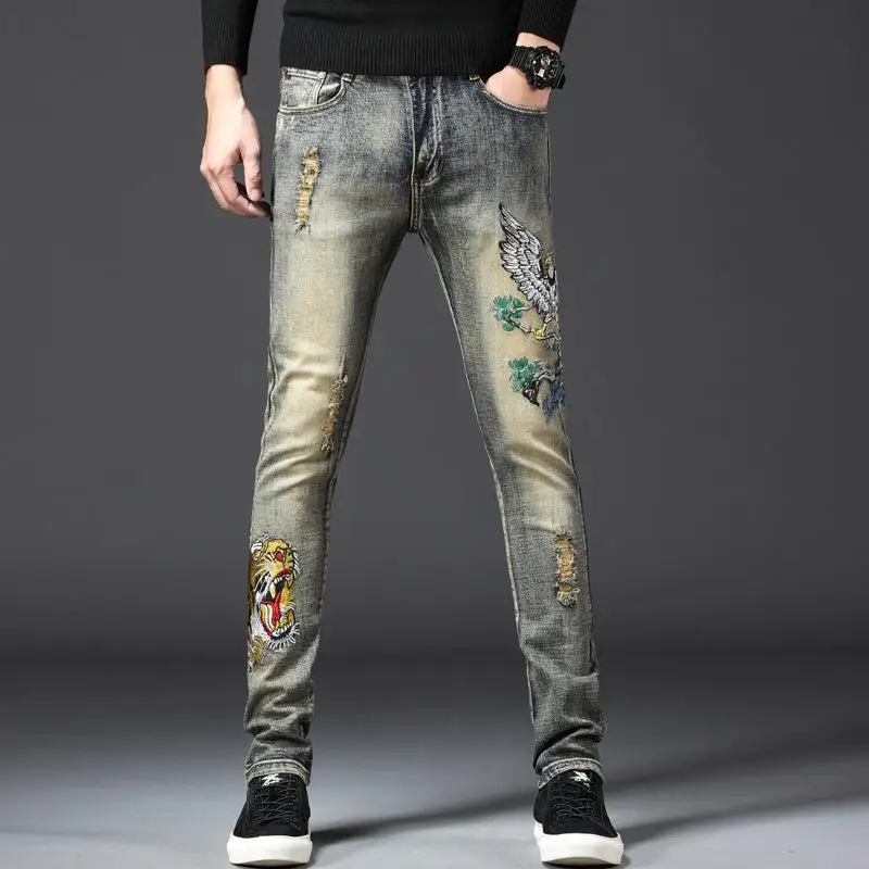

Men's Denim Washed Trousers Jeans Slim Straight Pants