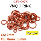 Уплотнительное кольцо VMQ, 10 шт., толщина CS 2 мм OD 8  65 мм, силиконовая резина, изолированная Водонепроницаемая шайба круглой формы, нетоксичный красный