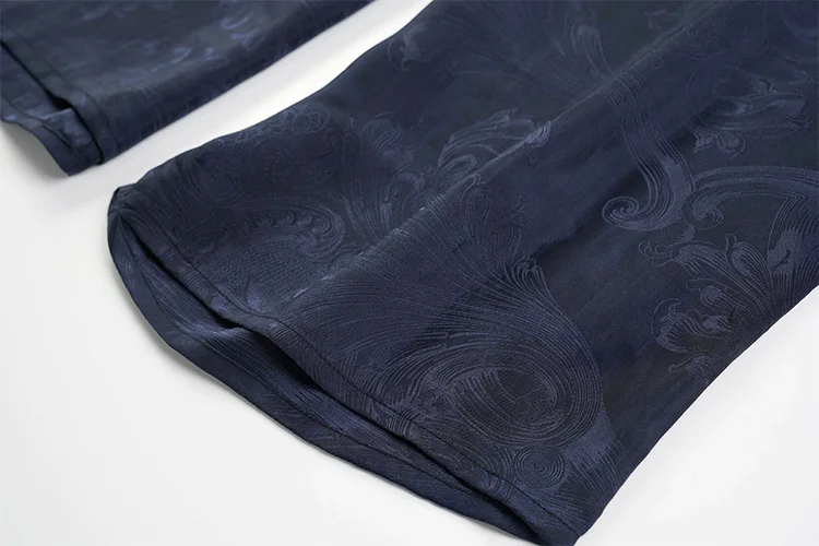 

Women's 100% Mulberry Silk jacquard satin Silk Elastic Waist with pockets navy color pants Long Pants Trousers JN654