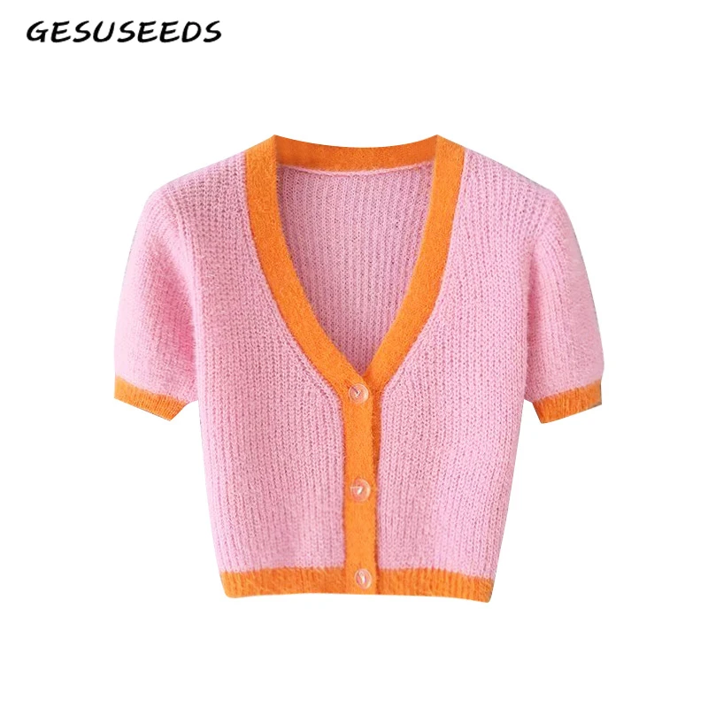 Женский Укороченный кардиган розовый вязаный свитер в винтажном стиле на осень |