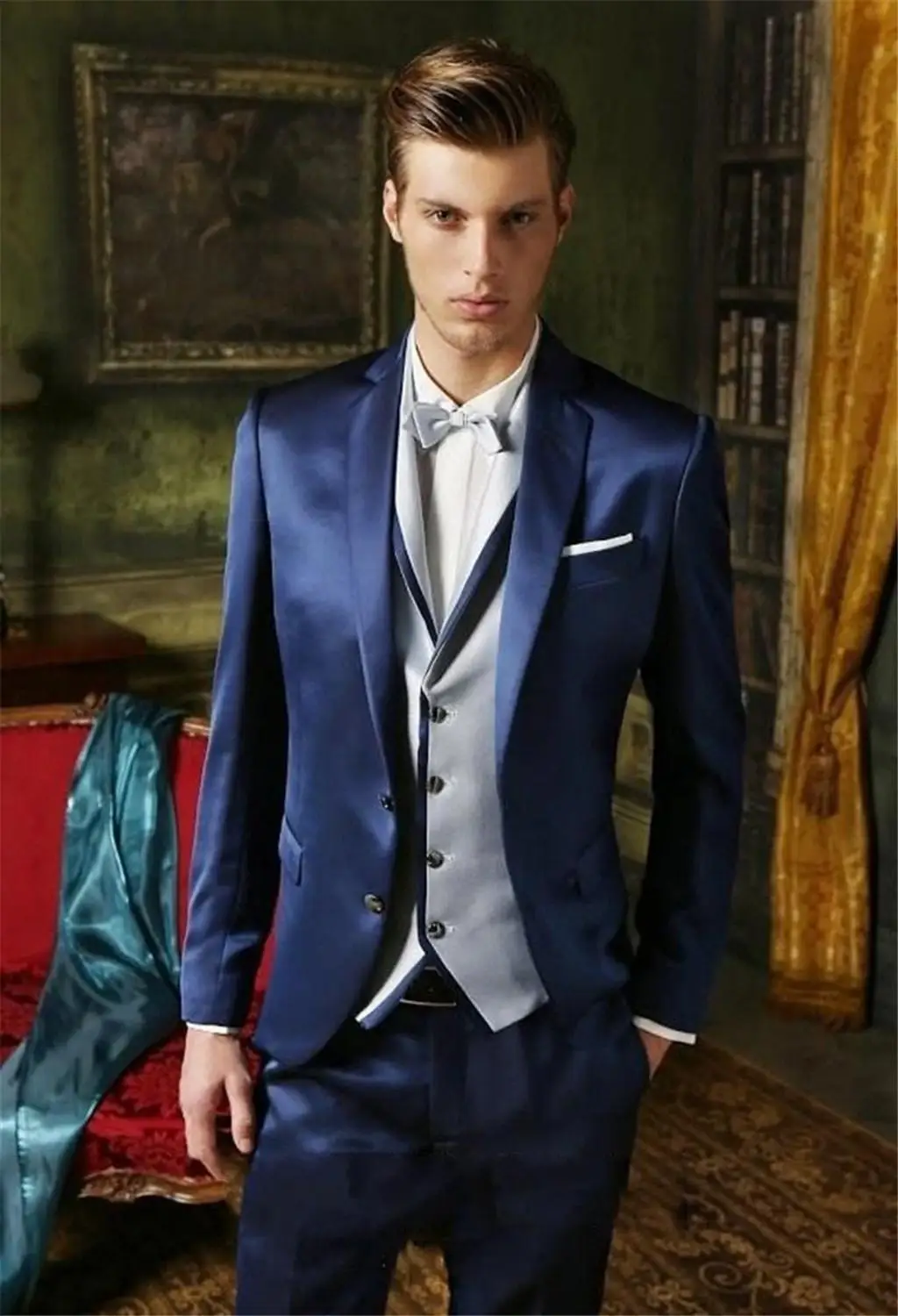 Navy Blue Groomsmen Notch Lapel Wedding Dinner Suits 2022 Groom Tuxedo Shiny Best Man Bridegroom suit (Jacket+Pants+Tie+Vest)
