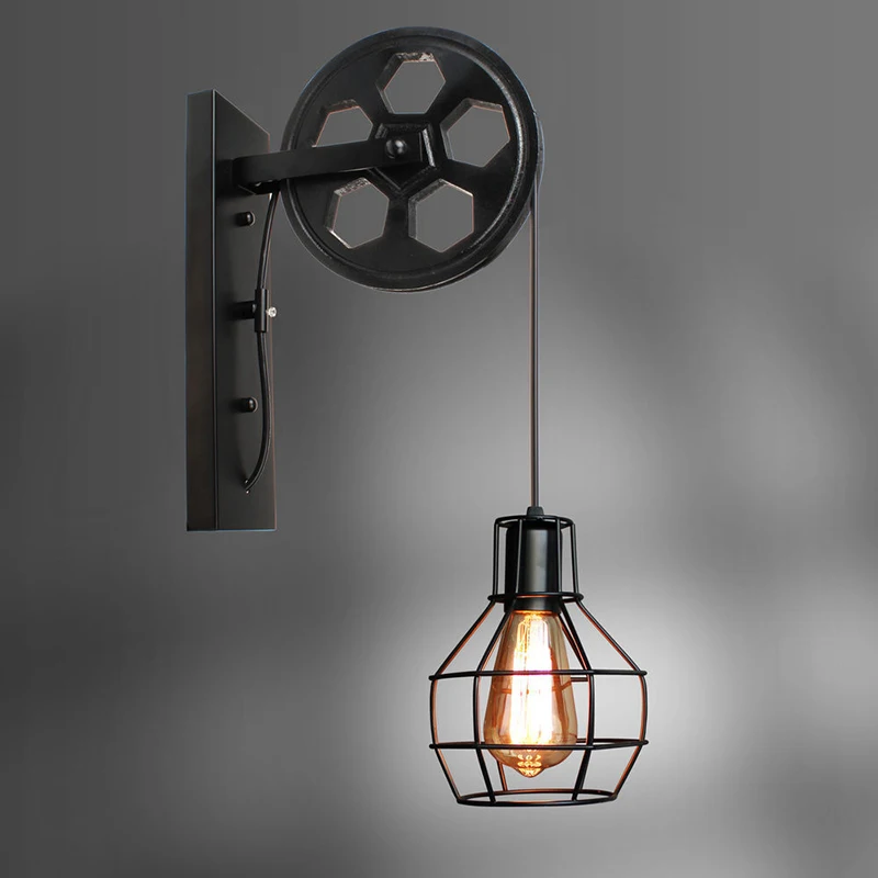 

Retro American Country Iron Wall Lamp Creative Pulley Industrial LED Wall Lamp Fixture Loft Cafe Bar Adjustable Sconce Light
