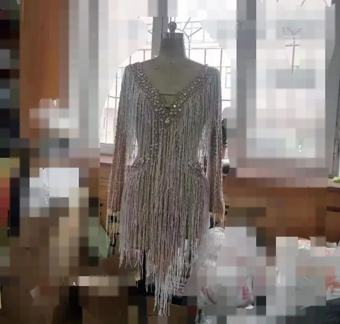 Откровенное Серебряное платье стразы с бахромой одежда для латиноамериканской