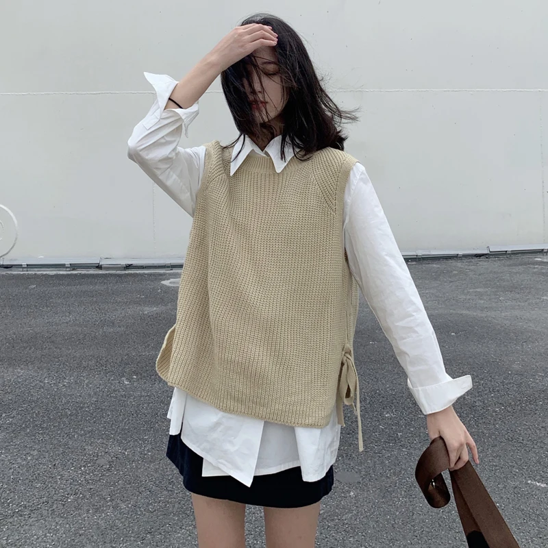 Женский трикотажный свитер на шнуровке Повседневный пуловер без рукавов джемпер