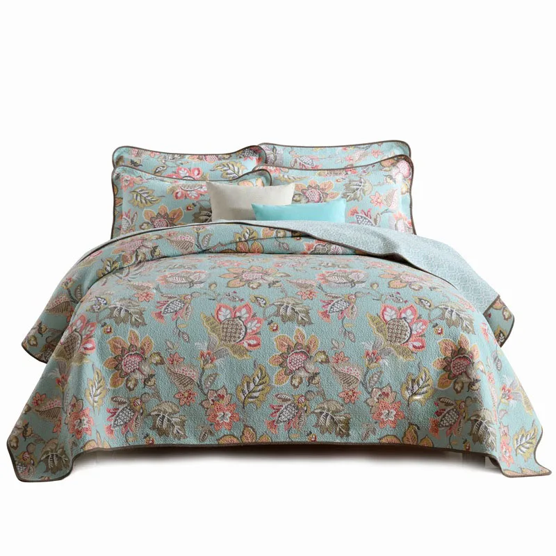 

CHAUSUB Bedspread Cotton Quilt Set 3PCS Flowers Print Coverlets Bed Cover Pillowcase King Queen Size Quilts Summer Blanket