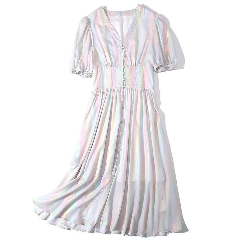 

Summer Dress Women Short Sleeve Midi Maxi V-Neck Rainbow Color Slim Elegant Fashion Sweet Woman Fairy Party Evening Dresses Robe