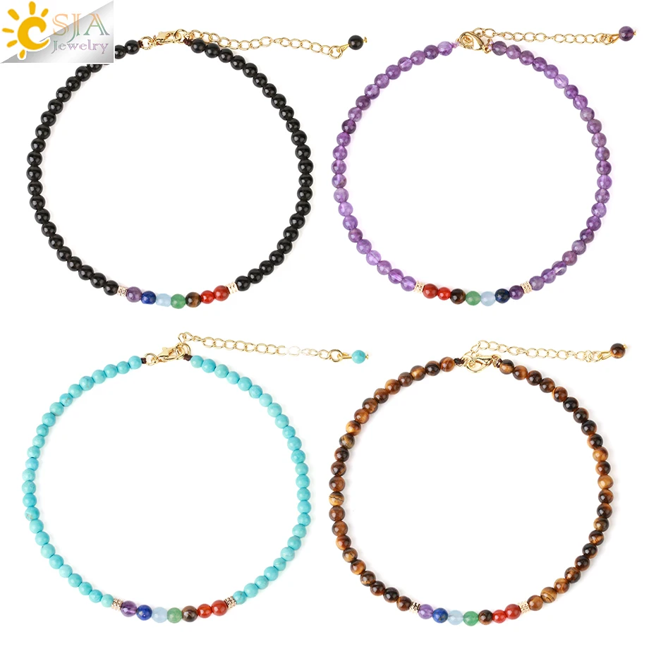 CSJA Energy 7 Chakra Anklet for Women Natural Stone Bracelet on the Leg Chain Healing Womans Anklets Bracelets Jewelry G864