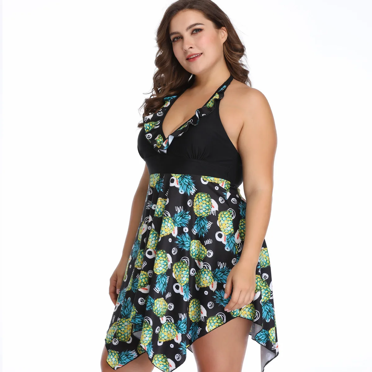 

Women's Two-Piece Plus Size Swimwear Bathing Suits Swimsuits Halter Drawstring V Neck Closure Floral Prints Knee Long Swimdress