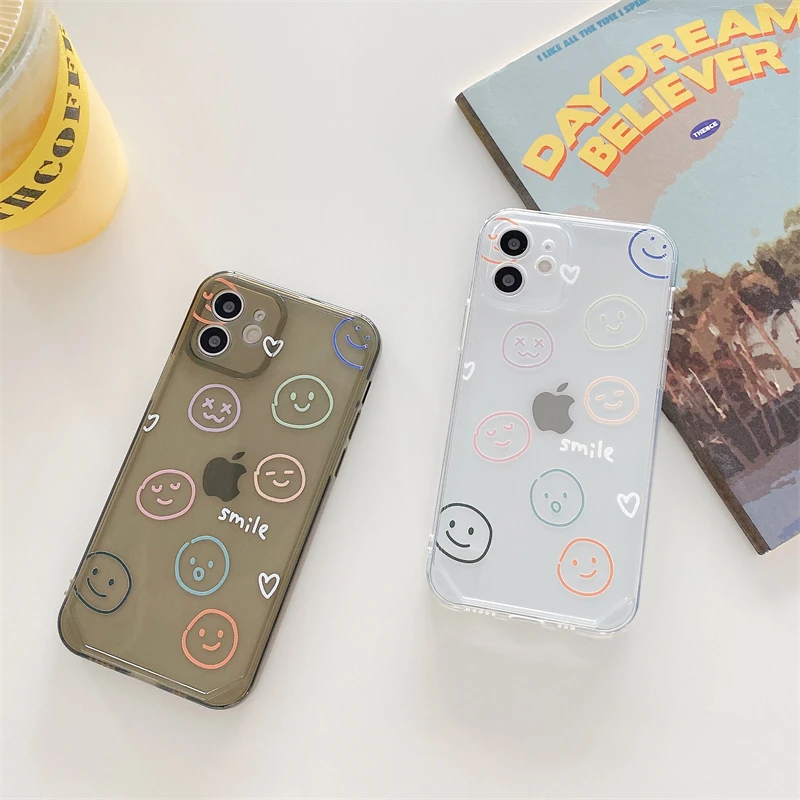 

Color smiley transparent mobile phone case for iPhone 11 12 Pro Max mini SE 2020 X XR XS Max 7 8 Plus anti-fall protective cover