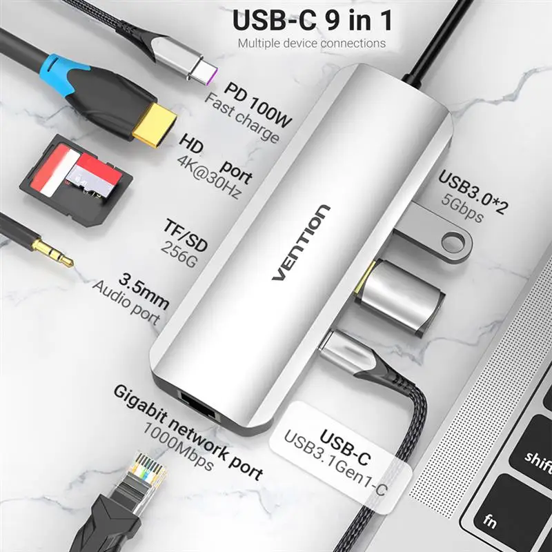 

USB-концентратор 3,0, 4K, VGA, PD, 100 Вт, RJ45, 3,5 мм