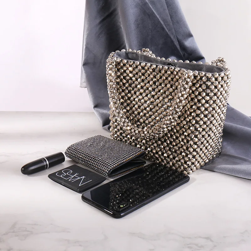 Женская вечерняя сумочка серебристого цвета Стразы Бисер Роскошные женские