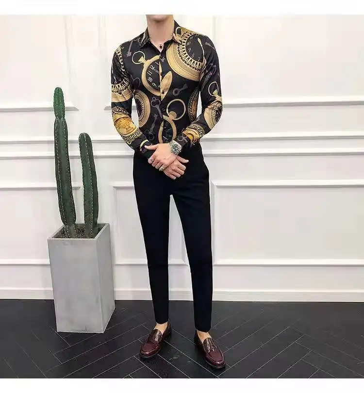 Для мужчин печати роскошные золотые Повседневная рубашка шерстяное пальто с