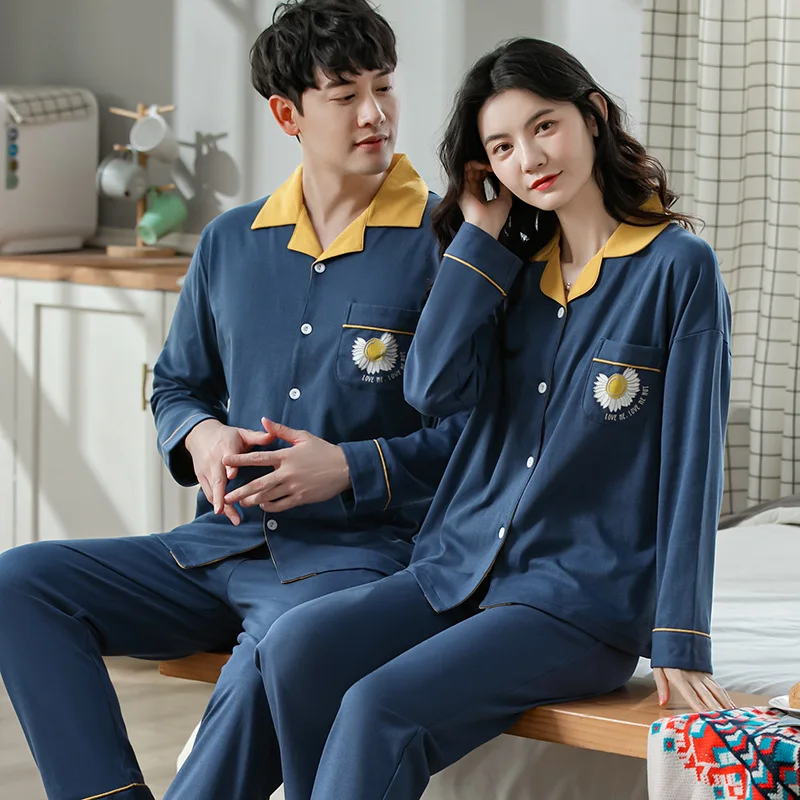 

Пижамный комплект для пар, хлопковая одежда для сна с мультяшным принтом, кардиган с лацканами, пижама на пуговицах, женское нижнее белье бо...