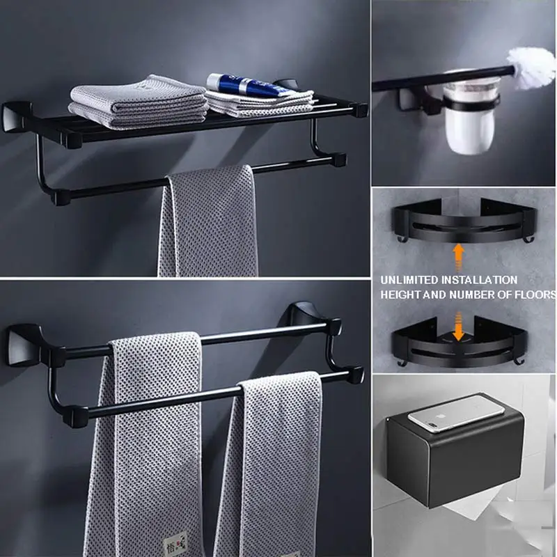 

AE02JY-0005 bathroom hardware accessories set space aluminum double rod towel rack triangle basket bathroom shelf free punch