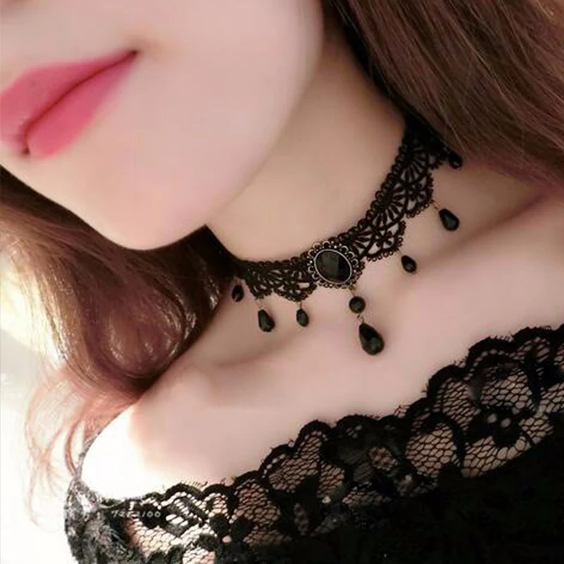 Новое модное черное готическое ожерелье чокер женское с кулоном кристаллами